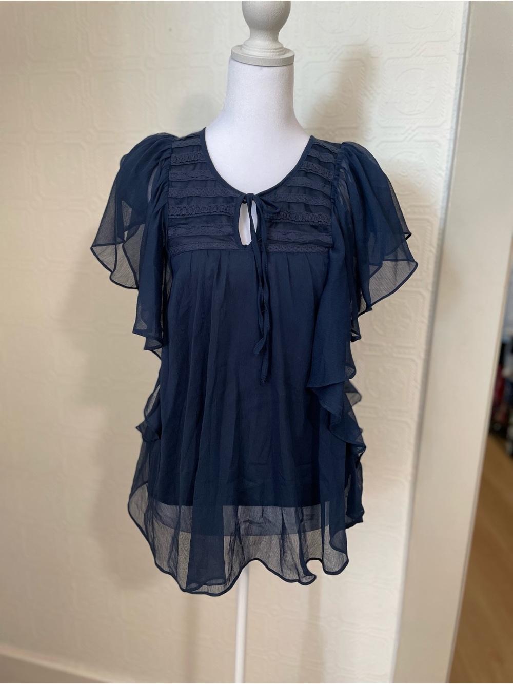 Mudd Navy Ruffle Tie-Front Sheer Blouse